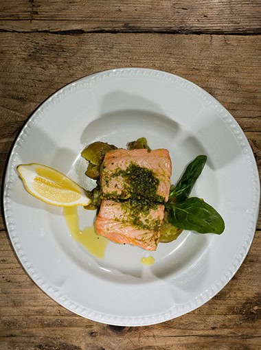 Baked Salmon with basil pistou meal