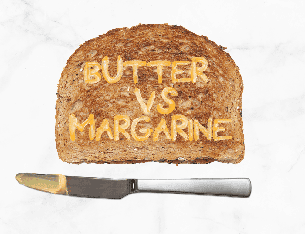 Piece of toast with the words butter vs margarine