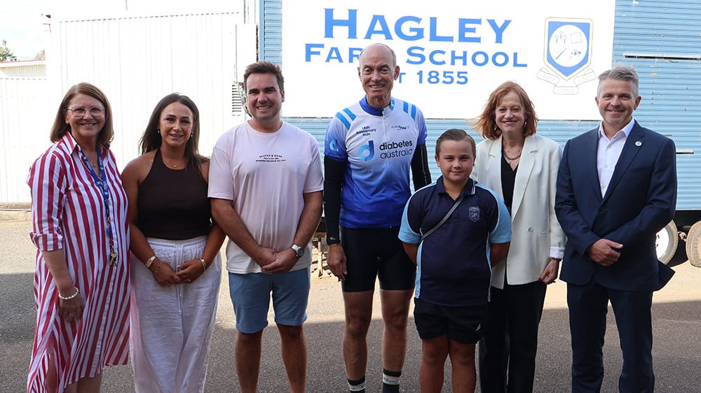 At the Pollie Pedal 2025 event: Hagley Farm School Principal Jeanagh Viney; Charlie's Mum and Dad, Karissa and Jesse; Deputy Premier Guy Barnett; Charlie Medwin; Her Excellency Governor Barbara Baker; and Diabetes Australia's COO Craig Sedgman.