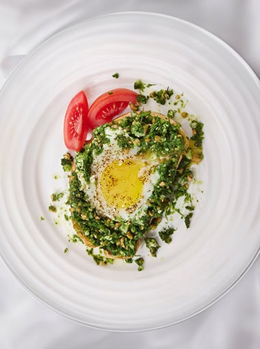 Poached eggs with basil pistou