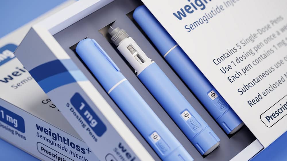 Generic blue and white cartridges of weight loss injectables.